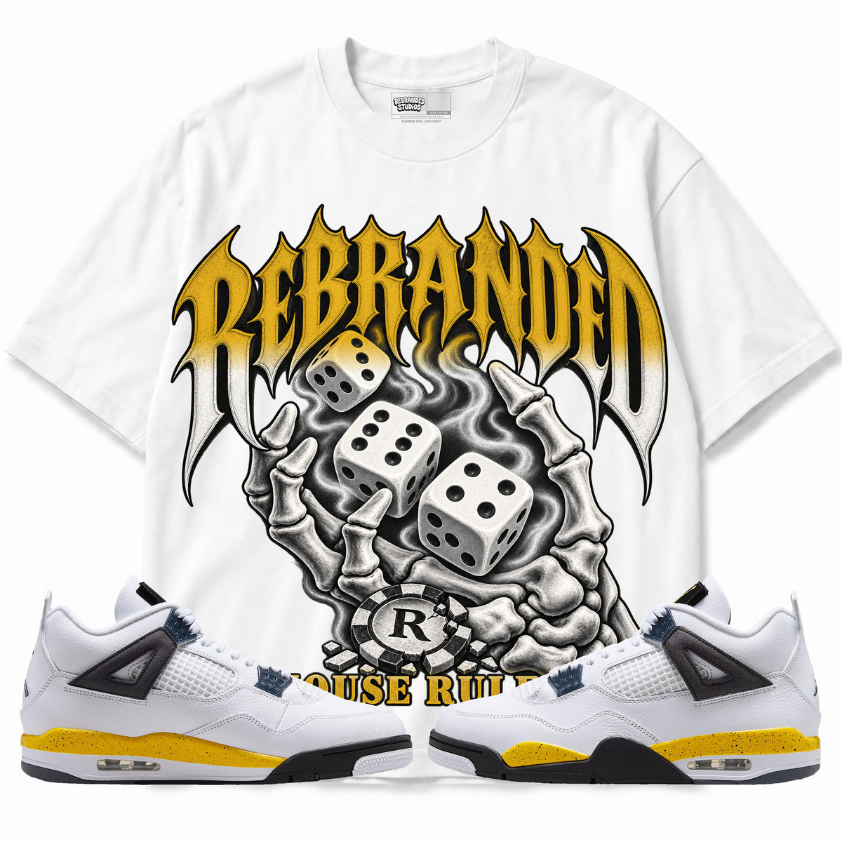 Rebranded Studios House Rules Air Jordan 4 Tour Yellow Graphic T-Shirt — front with sneakers