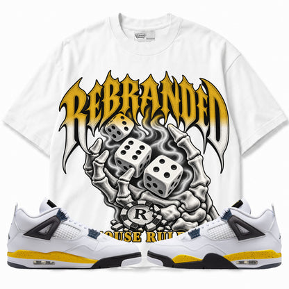 Rebranded Studios House Rules Air Jordan 4 Tour Yellow Graphic T-Shirt — front with sneakers