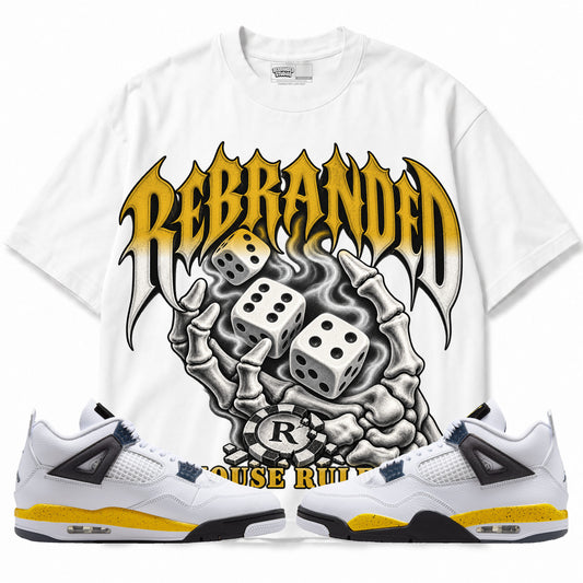 Rebranded Studios House Rules Air Jordan 4 Tour Yellow Graphic T-Shirt — front with sneakers