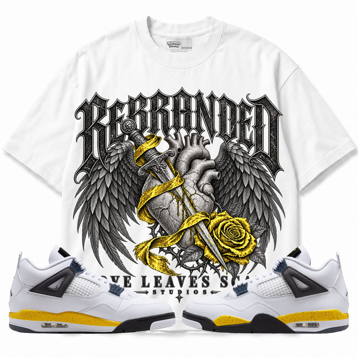 Rebranded Studios Love Leaves Scars Air Jordan 4 Tour Yellow Graphic T-Shirt — front with sneakers