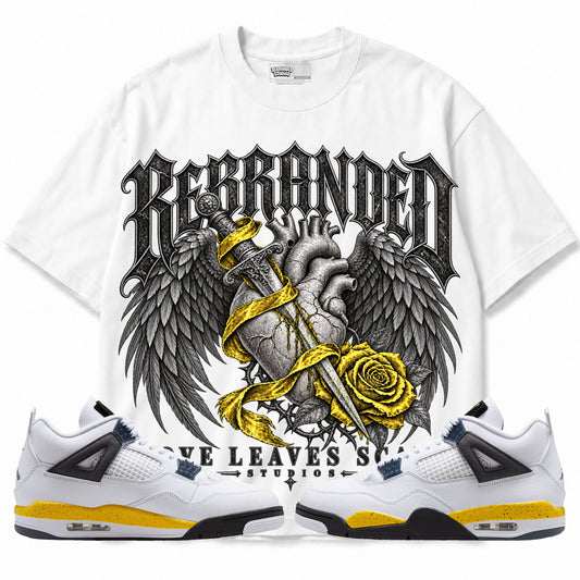 Rebranded Studios Love Leaves Scars Air Jordan 4 Tour Yellow Graphic T-Shirt — front with sneakers