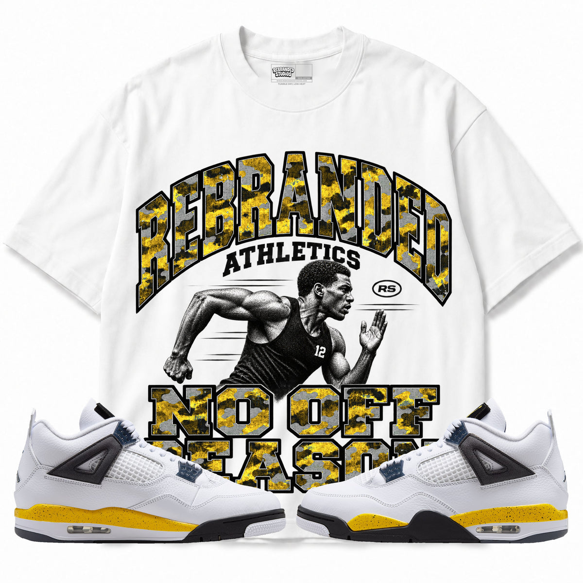 Rebranded Studios No Off Season Air Jordan 4 Tour Yellow Graphic T-Shirt — front with sneakers