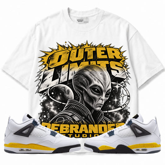Rebranded Studios Outer Limits Air Jordan 4 Tour Yellow Graphic T-Shirt — front with sneakers