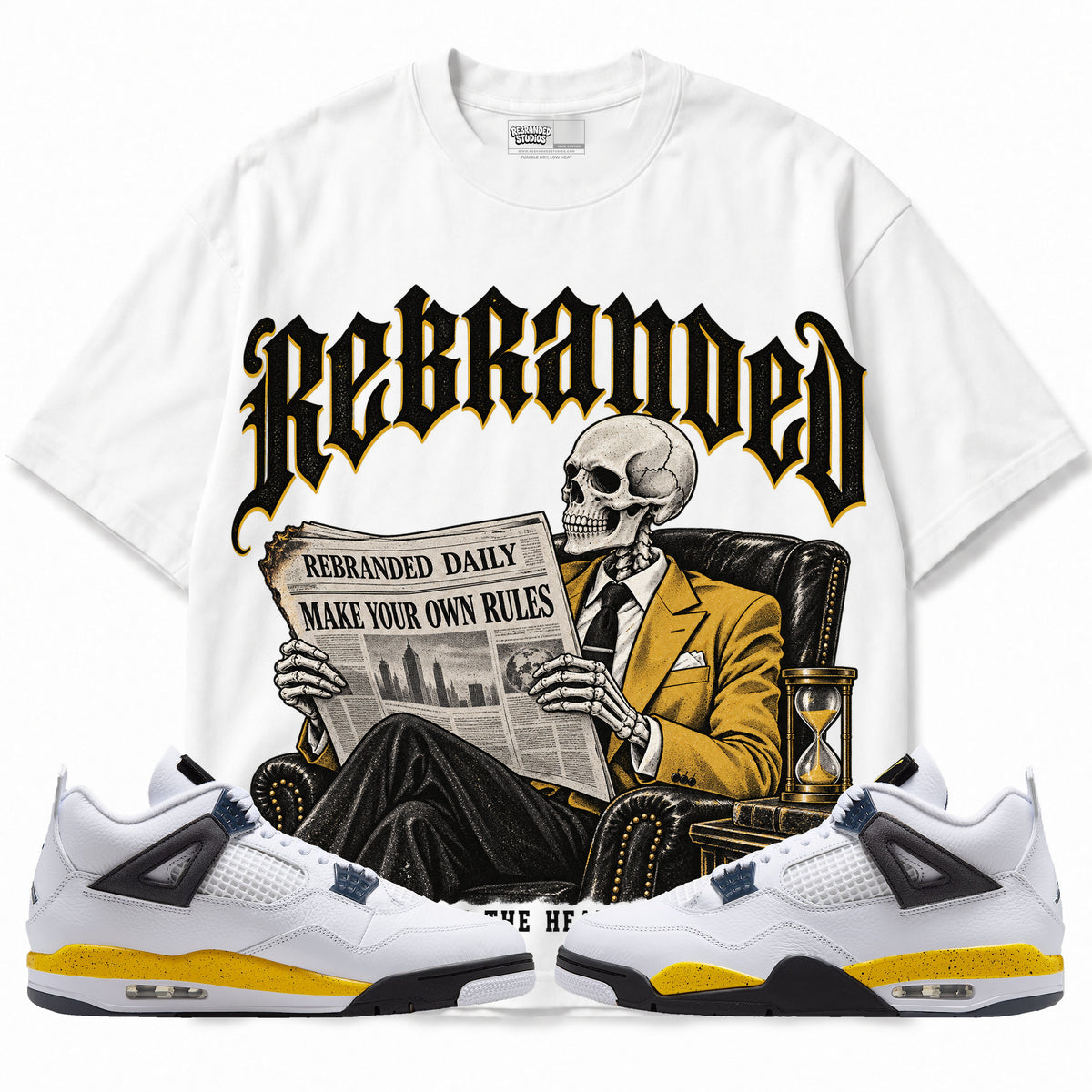 Rebranded Studios Own the Headlines Air Jordan 4 Tour Yellow Graphic T-Shirt — front with sneakers