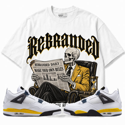 Rebranded Studios Own the Headlines Air Jordan 4 Tour Yellow Graphic T-Shirt — front with sneakers