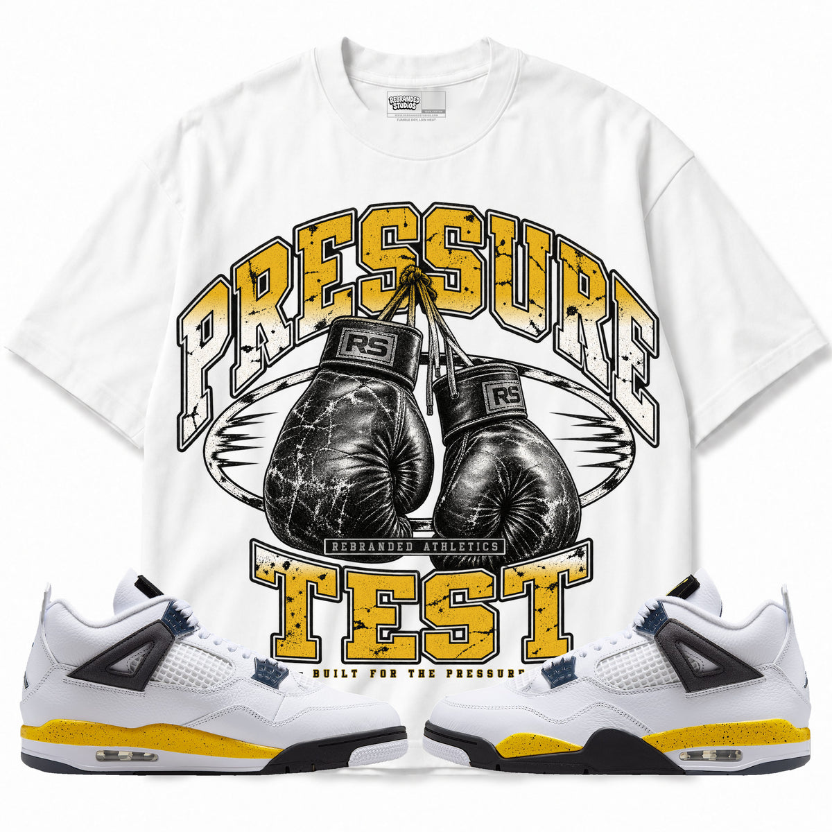 Rebranded Studios Pressure Test Air Jordan 4 Tour Yellow Graphic T-Shirt — front with sneakers