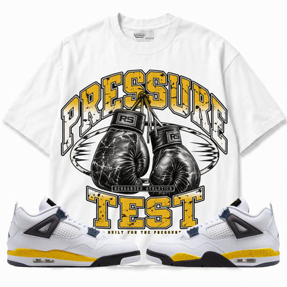 Rebranded Studios Pressure Test Air Jordan 4 Tour Yellow Graphic T-Shirt — front with sneakers
