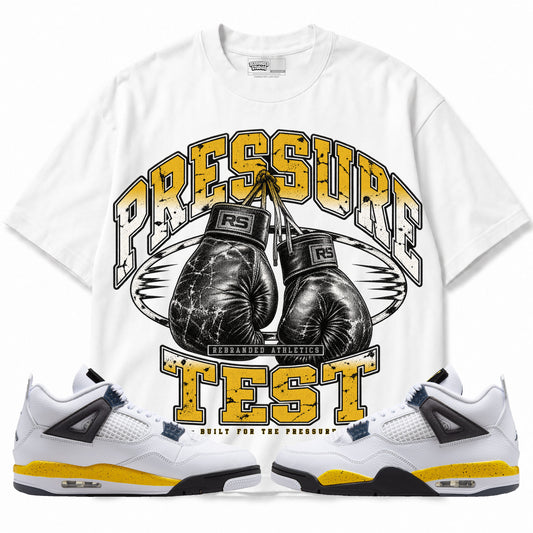 Rebranded Studios Pressure Test Air Jordan 4 Tour Yellow Graphic T-Shirt — front with sneakers