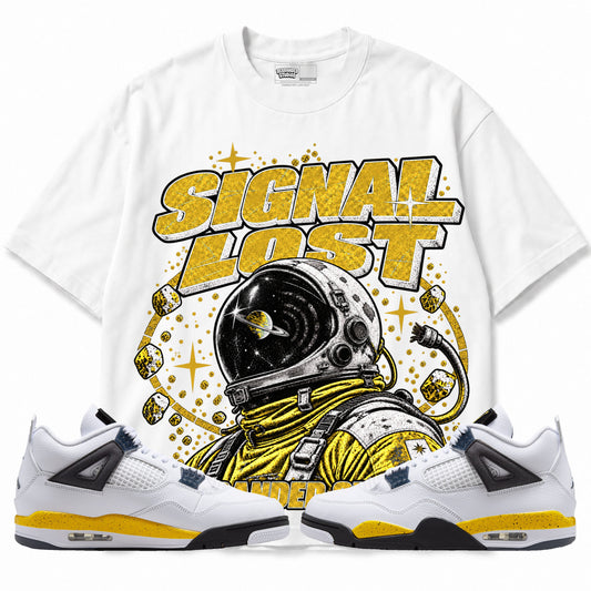 Rebranded Studios Signal Lost Air Jordan 4 Tour Yellow Graphic T-Shirt — front with sneakers
