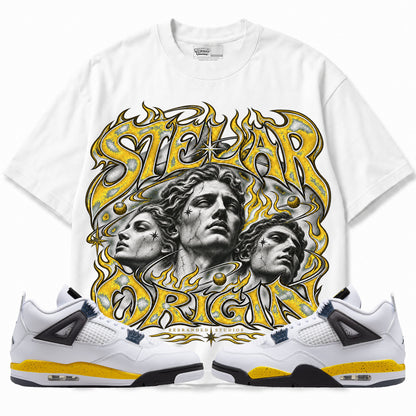 Rebranded Studios Stellar Origin Air Jordan 4 Tour Yellow Graphic T-Shirt — front with sneakers