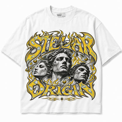 Rebranded Studios Stellar Origin Air Jordan 4 Tour Yellow Graphic T-Shirt — garment front