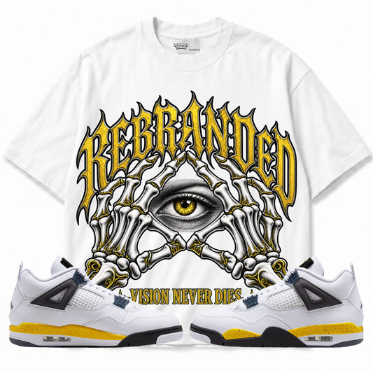 Rebranded Studios Vision Never Dies Air Jordan 4 Tour Yellow Graphic T-Shirt — front with sneakers