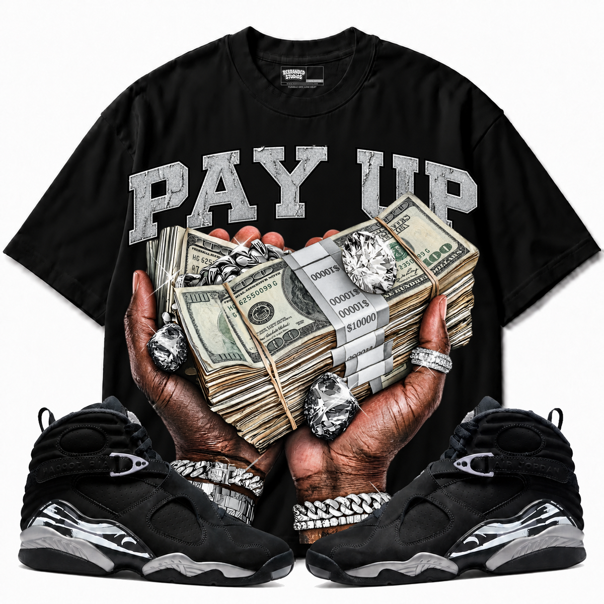 Rebranded Studios Pay Up — front styled with matching sneakers