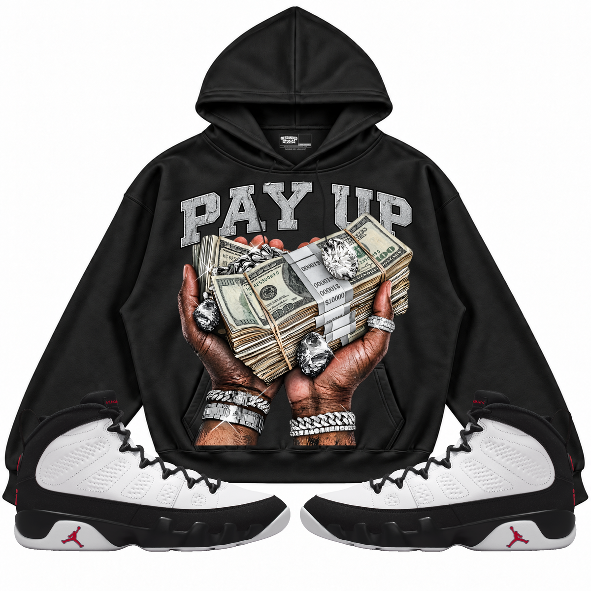 Rebranded Studios Pay Up — front styled with matching sneakers