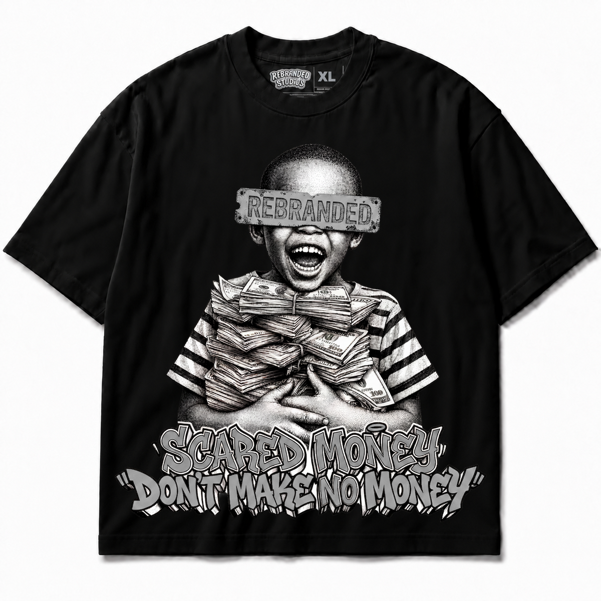 Rebranded Studios Scared Money Don't Make No Money Air Jordan 8 Chrome Graphic T-Shirt - front view without sneakers