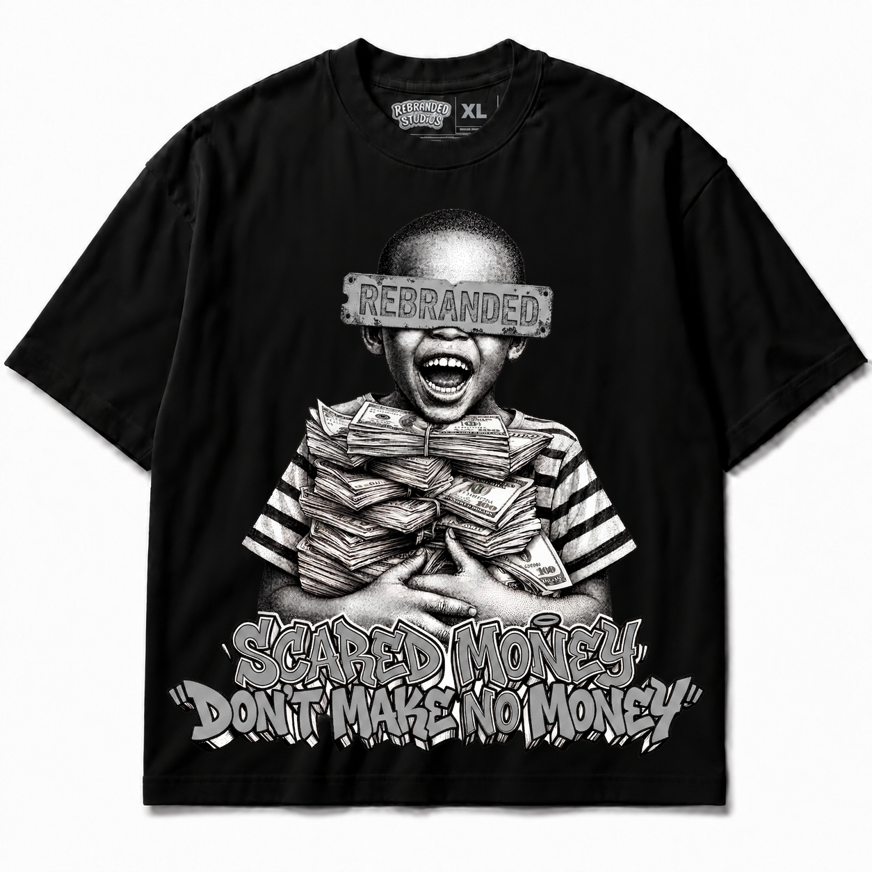 Rebranded Studios Scared Money Don't Make No Money Air Jordan 8 Chrome Graphic T-Shirt - front view without sneakers