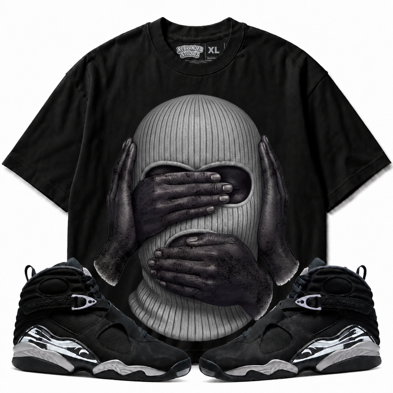 Rebranded Studios See No Evil Air Jordan 8 Chrome 425GSM Oversized Graphic T-Shirt with matching sneakers