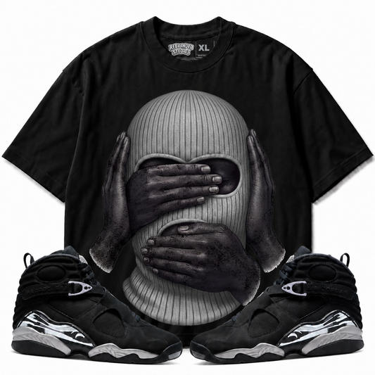Rebranded Studios See No Evil Air Jordan 8 Chrome 425GSM Oversized Graphic T-Shirt with matching sneakers