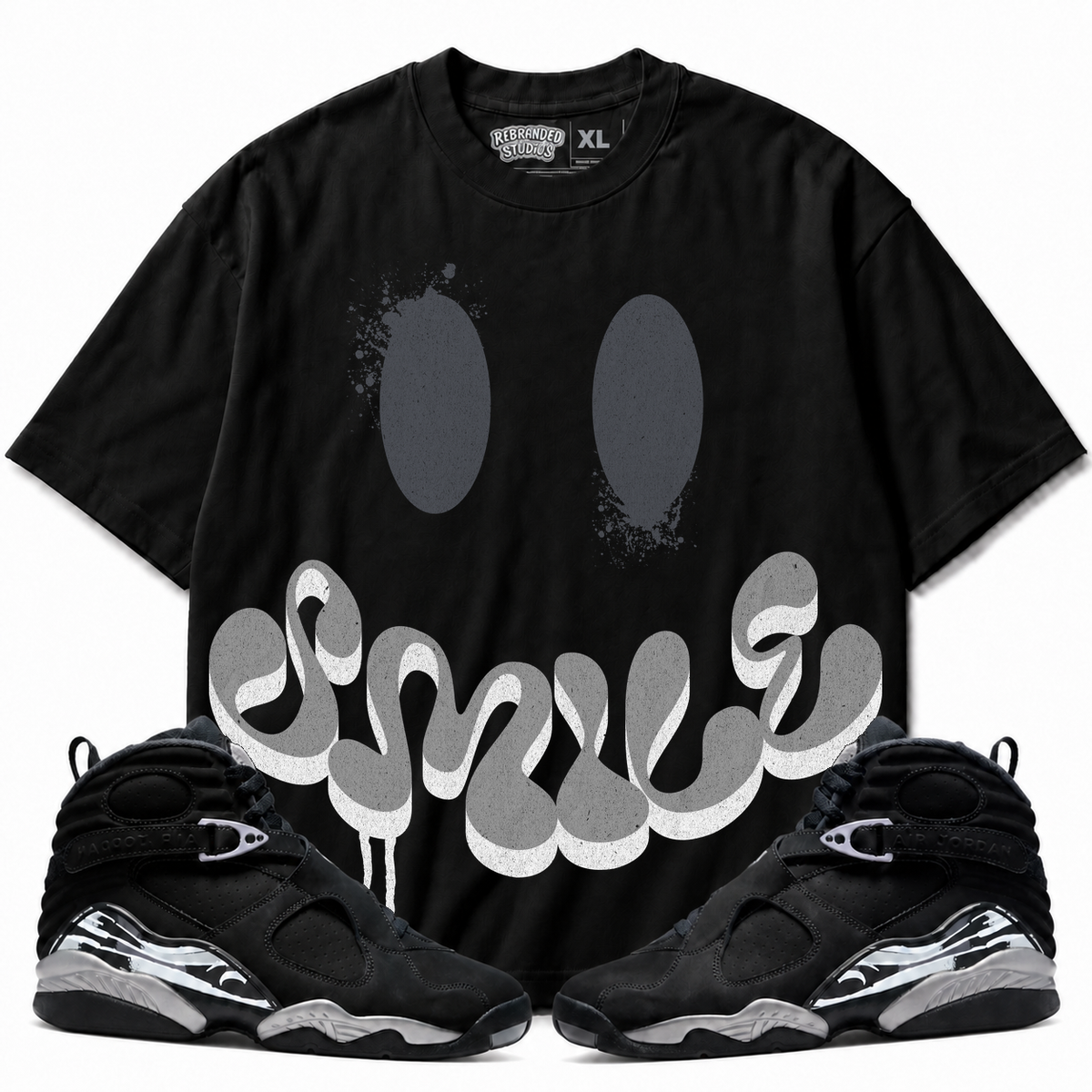 Rebranded Studios Smile Air Jordan 8 Chrome Graphic T-Shirt with matching sneakers