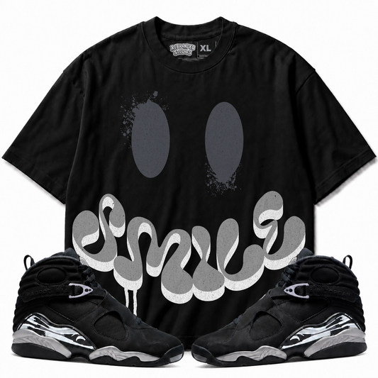 Rebranded Studios Smile Air Jordan 8 Chrome Graphic T-Shirt with matching sneakers