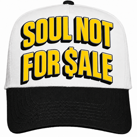 Rebranded Studios Soul Not For Sale Air Jordan 4 Tour Yellow Snapback — white crown, black brim, yellow, black and silver front design