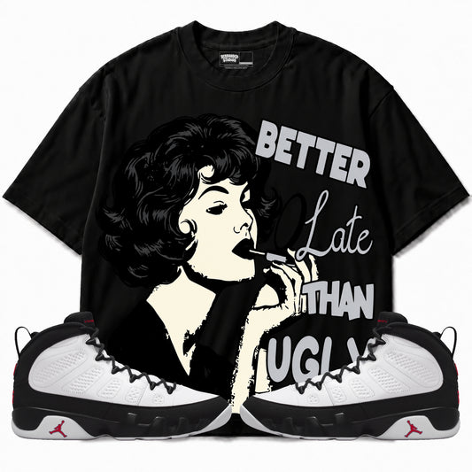 Rebranded Studios Better Late Than Ugly Air Jordan 9 OG Space Jam Graphic T-Shirt with matching sneakers