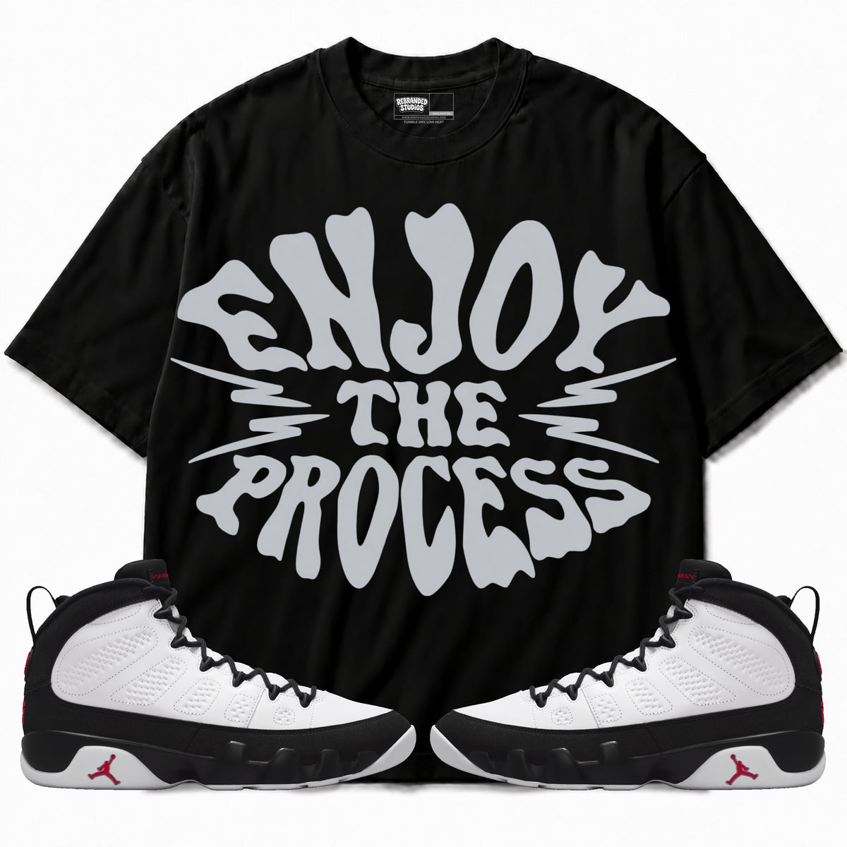 Rebranded Studios Enjoy The Process Air Jordan 9 OG Space Jam Graphic T-Shirt with matching sneakers