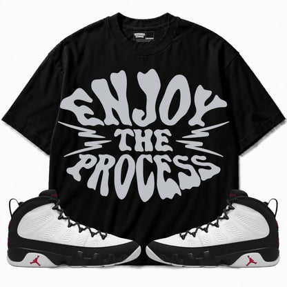 Rebranded Studios Enjoy The Process Air Jordan 9 OG Space Jam Graphic T-Shirt with matching sneakers