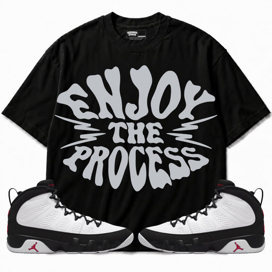 Rebranded Studios Enjoy The Process Air Jordan 9 OG Space Jam Graphic T-Shirt with matching sneakers