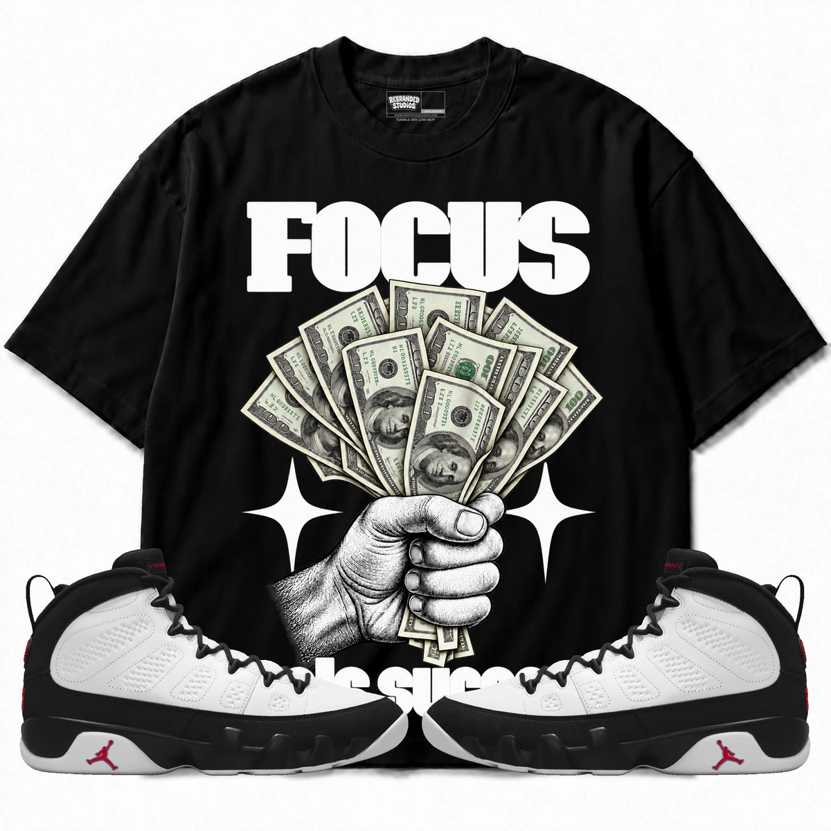 Rebranded Studios Focus Fuels Success Air Jordan 9 OG Space Jam Graphic T-Shirt with matching sneakers