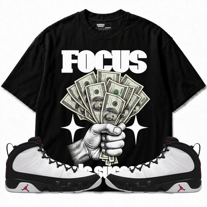 Rebranded Studios Focus Fuels Success Air Jordan 9 OG Space Jam Graphic T-Shirt with matching sneakers