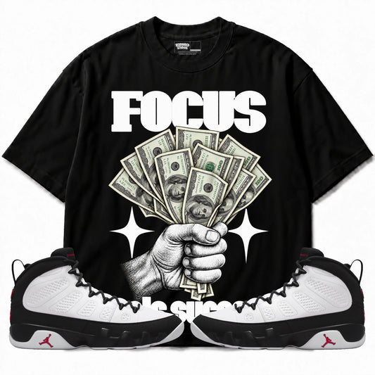 Rebranded Studios Focus Fuels Success Air Jordan 9 OG Space Jam Graphic T-Shirt with matching sneakers