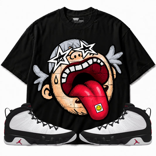 Rebranded Studios Free World Air Jordan 9 OG Space Jam Graphic T-Shirt with matching sneakers