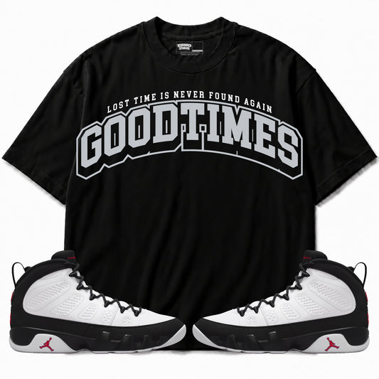 Rebranded Studios Good Times Air Jordan 9 OG Space Jam Graphic T-Shirt with matching sneakers
