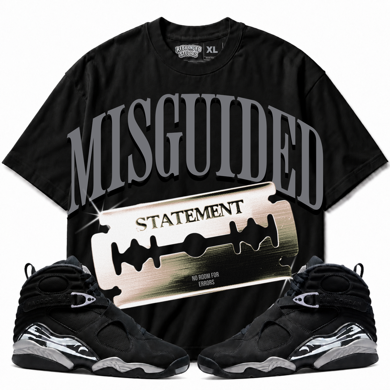 Rebranded Studios Statement Air Jordan 8 Chrome Graphic T-Shirt - front view with Air Jordan 8 Chrome sneakers