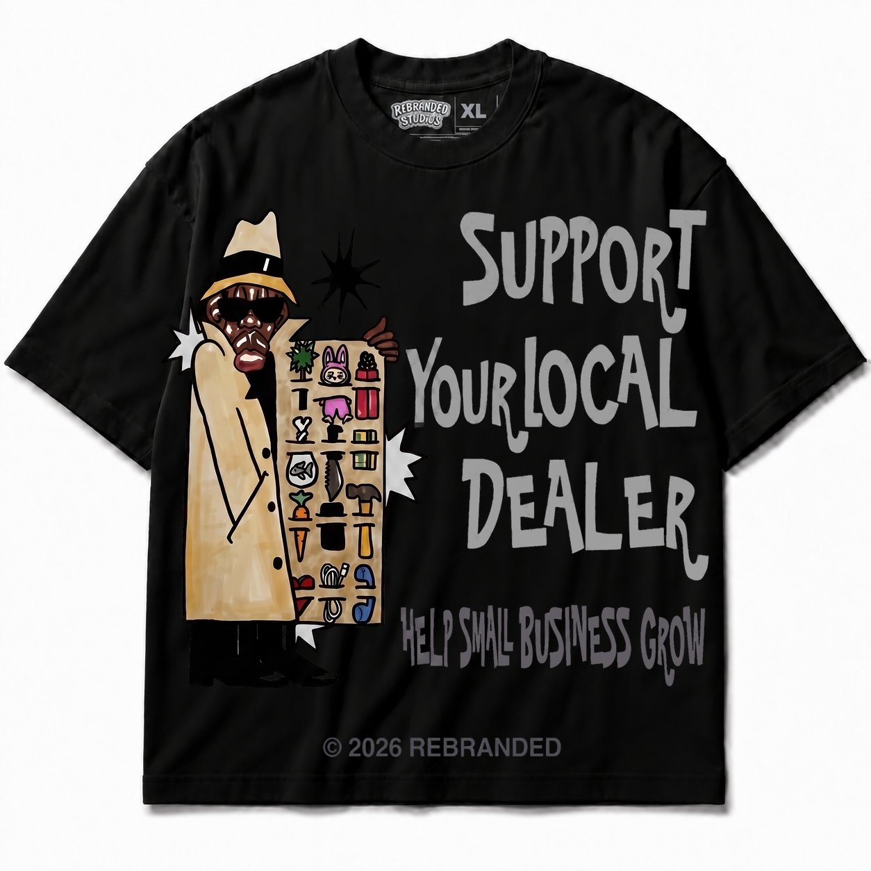 Rebranded Studios Support Your Local Dealer Air Jordan 8 Chrome Graphic T-Shirt front view without sneakers