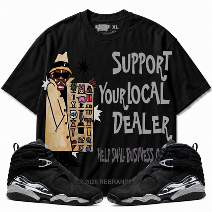 Rebranded Studios Support Your Local Dealer Air Jordan 8 Chrome Graphic T-Shirt front view with matching Air Jordan 8 Chrome sneakers