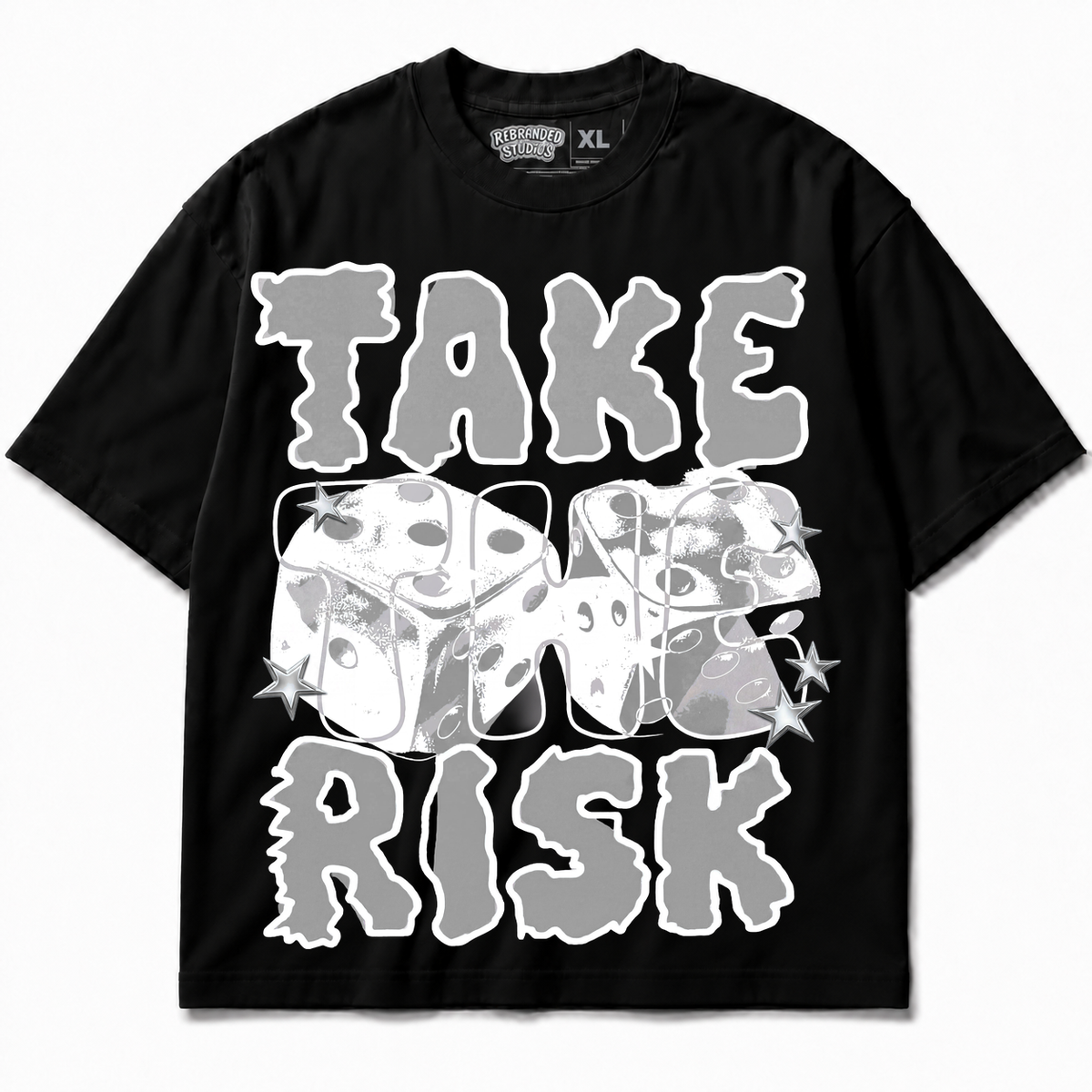 Rebranded Studios Take The Risk Air Jordan 8 Chrome Graphic T-Shirt - front view without sneakers