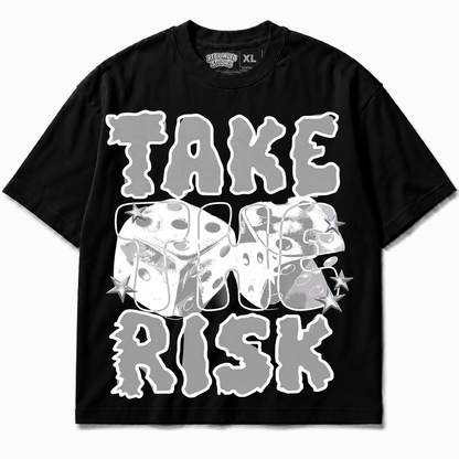 Rebranded Studios Take The Risk Air Jordan 8 Chrome Graphic T-Shirt - front view without sneakers