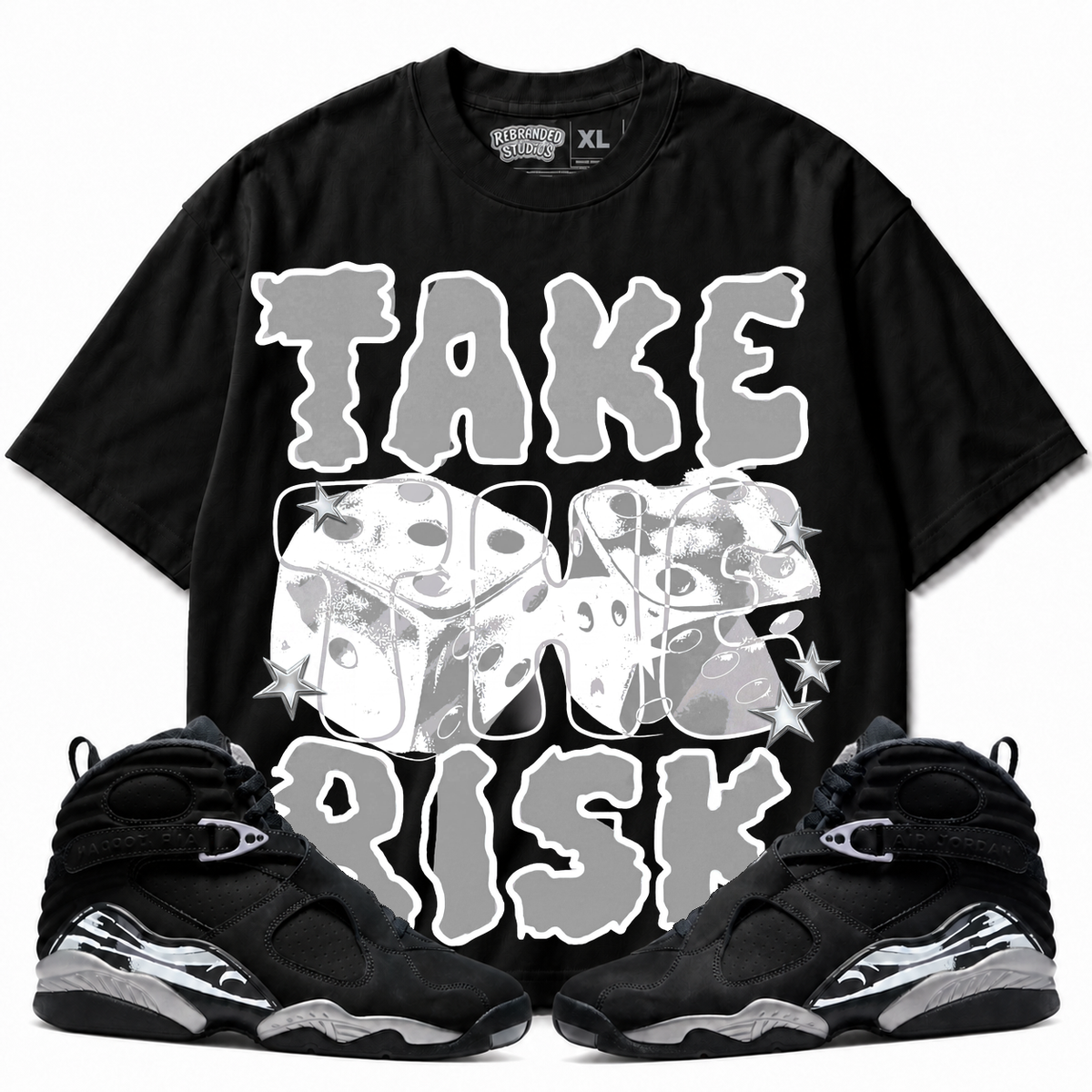 Rebranded Studios Take The Risk Air Jordan 8 Chrome Graphic T-Shirt - front view with Air Jordan 8 Chrome sneakers
