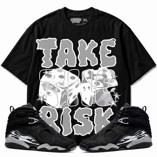 Rebranded Studios Take The Risk Air Jordan 8 Chrome Graphic T-Shirt - front view with Air Jordan 8 Chrome sneakers