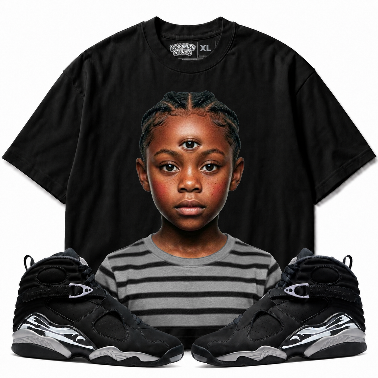 Rebranded Studios The Third Eye Air Jordan 8 Chrome Graphic T-Shirt with matching sneakers