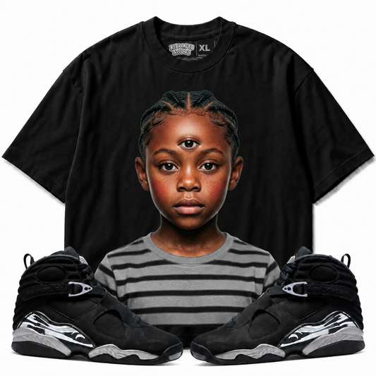 Rebranded Studios The Third Eye Air Jordan 8 Chrome Graphic T-Shirt with matching sneakers