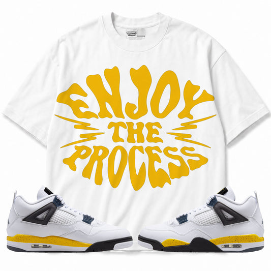 Rebranded Studios Enjoy The Process Air Jordan 4 Tour Yellow Graphic T-Shirt with matching sneakers