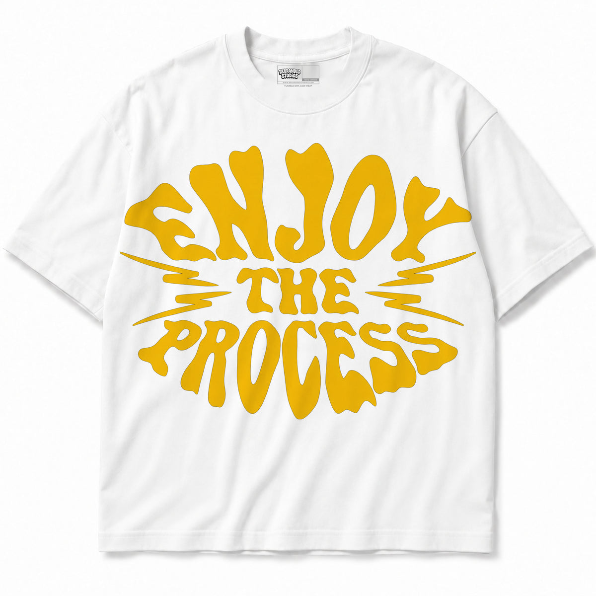 Rebranded Studios Enjoy The Process T-shirt - yellow print - front without sneakers
