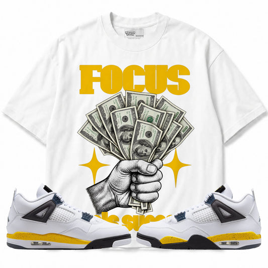 Rebranded Studios Focus Fuels Success Air Jordan 4 Tour Yellow Graphic T-Shirt with matching sneakers