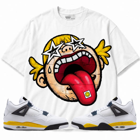 Rebranded Studios Free World Air Jordan 4 Tour Yellow Graphic T-Shirt with matching sneakers