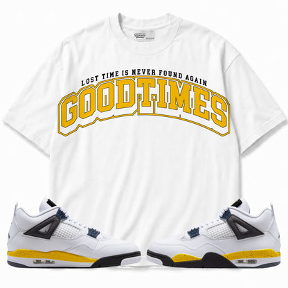 Rebranded Studios Good Times Air Jordan 4 Tour Yellow Graphic T-Shirt with matching sneakers