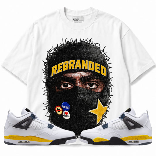 Rebranded Studios Sheisty Up Air Jordan 4 Tour Yellow Graphic T-Shirt with matching sneakers