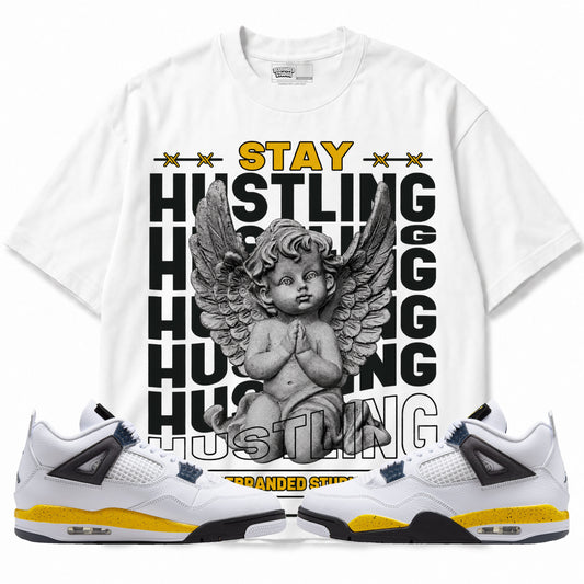 Rebranded Studios Stay Hustling Air Jordan 4 Tour Yellow Graphic T-Shirt with matching sneakers